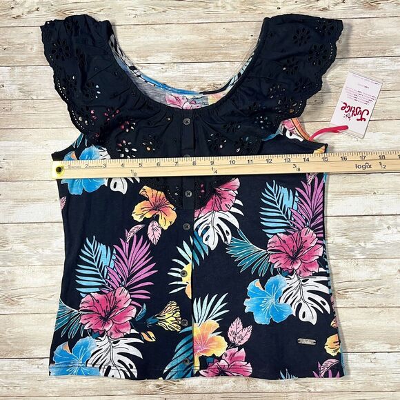 Girls Sleeveless Tropical Print Top W/ Black Ruffle Neckline And Buttons 12/14 L - Picture 5 of 9